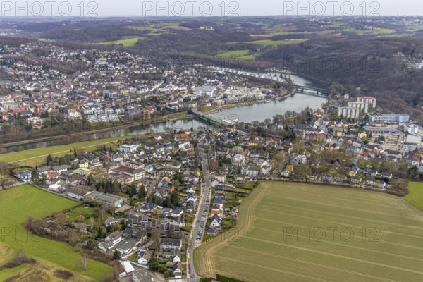Aerial view, local view and Ruhrbogen, Landsberger Straße, river Ruhr with railway bridge, lock