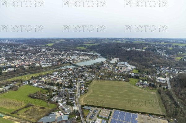 Aerial view, local view and Ruhrbogen, Landsberger Straße, river Ruhr with railway bridge, lock