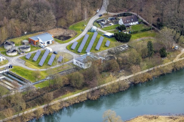 Aerial view, river Ruhr, Ruhr wastewater treatment plant, solar plant, Kettwig, Essen, Ruhr area,