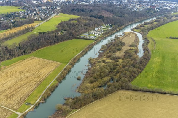 Aerial view, River Ruhr, Lower Kettwiger Ruhraue, Ruhrverabnd sewage treatment plant, Kettwig,