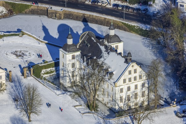 Aerial view, Borbeck Castle in winter landscape, Borbeck-Mitte, Essen, Ruhr area, North