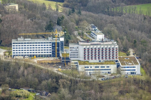 Aerial view, Ruhrlandklinik with construction site, Essen-Heidhausen, Essen, Ruhr area, North