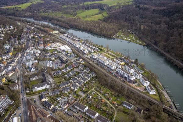 Aerial view, Ruhrbogen Kettwig, residential area at the Kettwiger Ruhrbogen, river Ruhr, camping