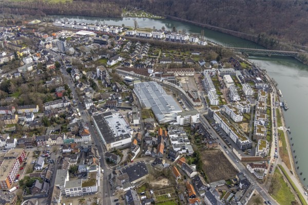 Aerial view, Ruhrbogen Kettwig, residential area at Kettwiger Ruhrbogen, river Ruhr with railway