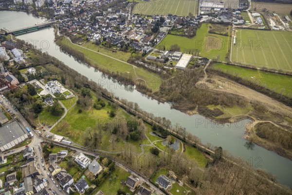 Aerial view, river Ruhr Ruhraue, waterworks Kettwig, Villa Scheidt am Leinpfad, lock Kettwig,