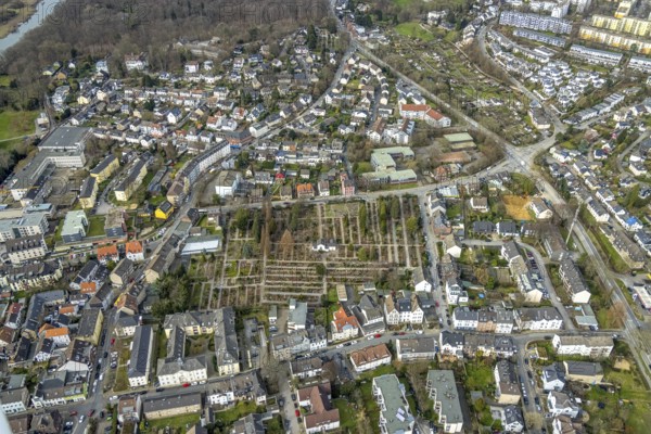 Aerial photograph, cemetery, Kettwig, Essen, Ruhr area, North Rhine-Westphalia, Germany, burial