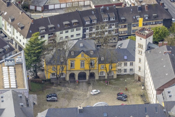 Aerial view, catholic church Basilica St. Ludgerus, Mensa Campus Folkwang, Werden, Essen, Ruhr