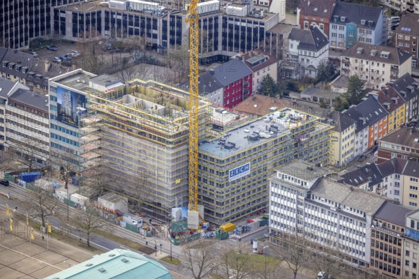 Aerial view, construction site, new building complex with residential tower and senior citizens'