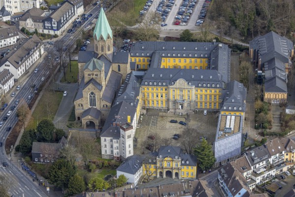 Aerial view, catholic church basilica St. Ludgerus, Werden, Essen, Ruhr area, North