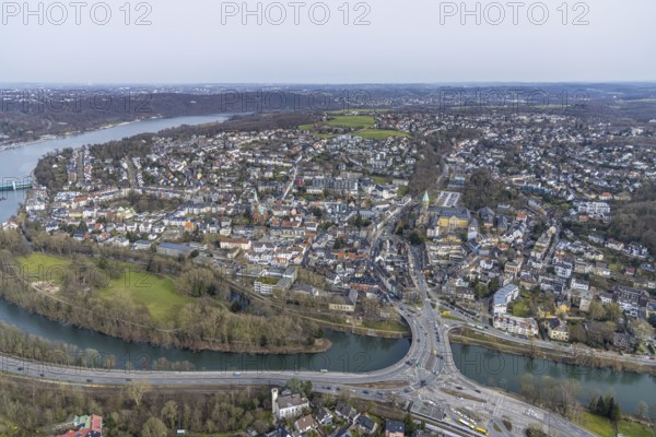 Aerial view, Brehminsel and Ruhr bridge over the river Ruhr, Werden, Essen, Ruhr area, North