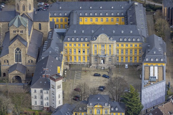 Aerial view, catholic church basilica St. Ludgerus, Werden, Essen, Ruhr area, North