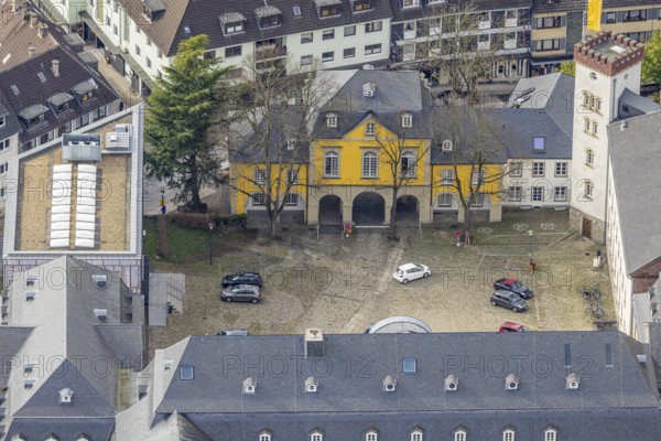 Aerial view, catholic church Basilica St. Ludgerus, Mensa Campus Folkwang, Werden, Essen, Ruhr