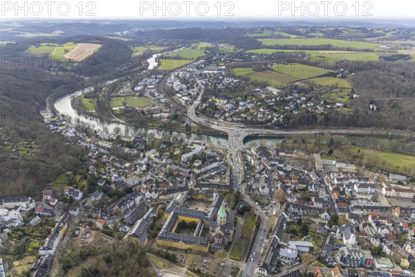 Aerial view, park and sports field in Löwental, Ruhrtalstraße with Ruhr bridge over the river Ruhr,