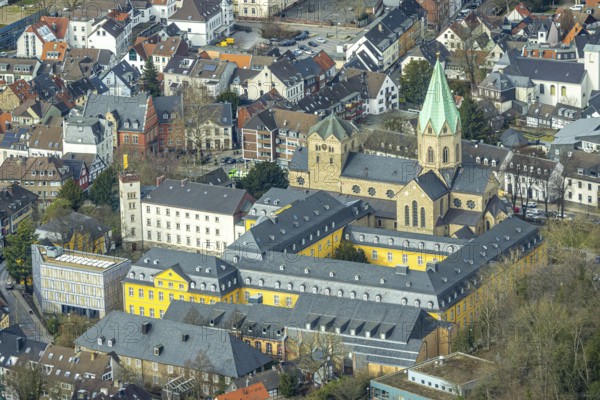 Aerial view, catholic church basilica St. Ludgerus, Werden, Essen, Ruhr area, North