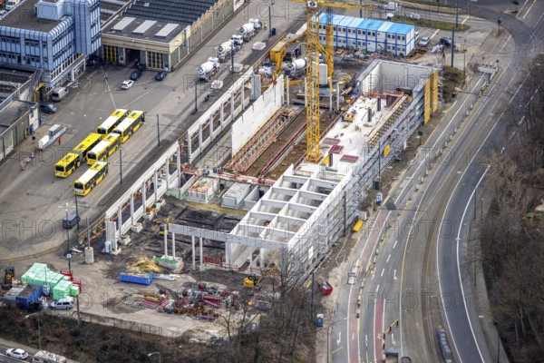 Aerial view, construction site, new hall construction Ruhrbahn depot, Ostviertel, Essen, Ruhr area,