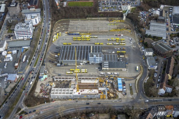 Aerial view, construction site, new hall construction Ruhrbahn depot, Ostviertel, Essen, Ruhr area,