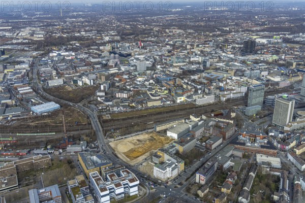 Aerial view, construction area for new literature quarter, demolition work former newspaper
