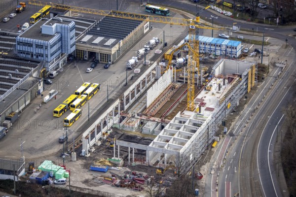 Aerial view, construction site, new hall construction Ruhrbahn depot, Ostviertel, Essen, Ruhr area,