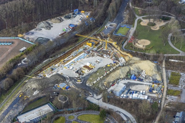 Aerial view, construction site in Nordpark, Nordviertel, Essen, Ruhr area, North Rhine-Westphalia,