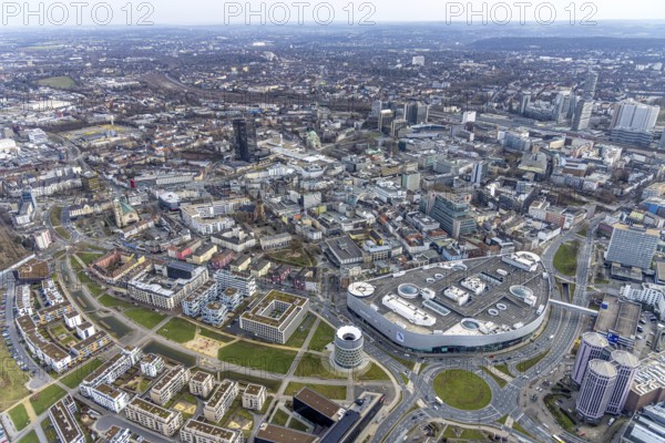 Aerial view, shopping centre at Limbecker Platz, Funke Mediengruppe headquarters, city centre,