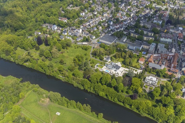 Aerial view, Villa Scheidt am Leinpfad, river Ruhr, Theodor-Heuss-Gymnasium, catholic parish church
