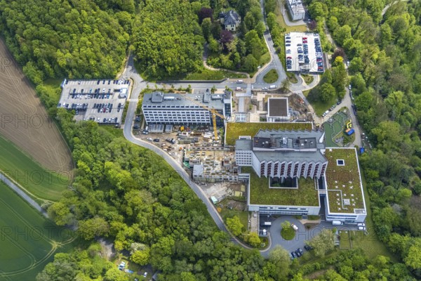 Aerial view, Ruhrlandklinik with construction site, Essen-Heidhausen, Essen, Ruhr area, North
