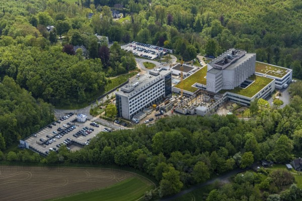 Aerial view, Ruhrlandklinik with construction site, Essen-Heidhausen, Essen, Ruhr area, North