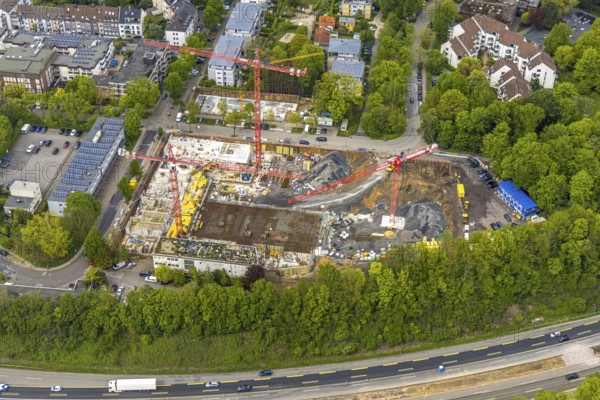 Aerial view, construction site multi-family houses Manfredstraße at the motorway A52,