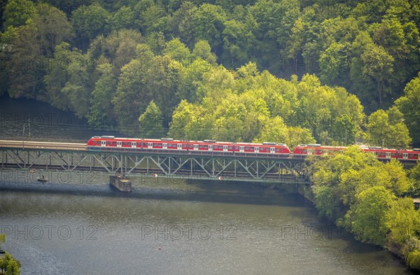 Aerial view, river Ruhr and suburban railway on the railway bridge Kettwig, Kettwig, Essen, Ruhr