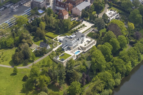 Aerial view, Villa Scheidt am Leinpfad, river Ruhr, Kettwig, Essen, Ruhr area, North