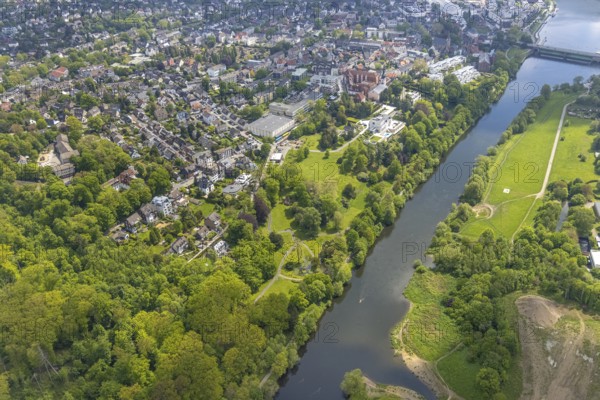 Aerial view, Villa Scheidt am Leinpfad, river Ruhr, Theodor-Heuss-Gymnasium, catholic parish church