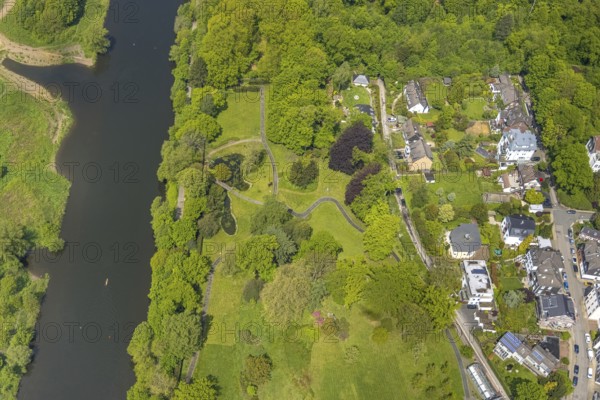 Aerial view, Park Am Möhlenkamp at Villa Scheidt, River Ruhr, Kettwig, Essen, Ruhr area, North