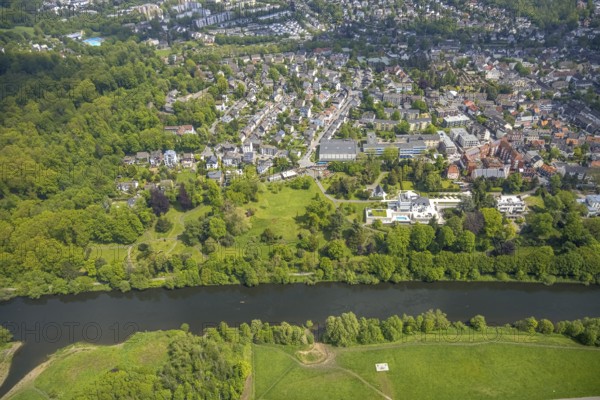 Aerial view, park at the Villa Scheidt on the towpath, river Ruhr, Theodor-Heuss-Gymnasium,