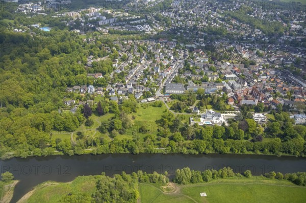 Aerial view, Villa Scheidt am Leinpfad, river Ruhr, Theodor-Heuss-Gymnasium, catholic parish church