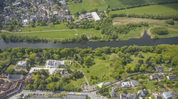 Aerial view, Villa Scheidt am Leinpfad, river Ruhr, Kettwig, Essen, Ruhr area, North