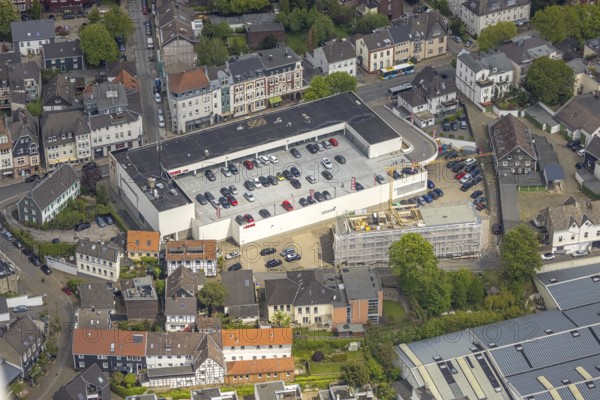 Aerial view, construction site at Rewe shopping centre, parking deck, Kettwig, Essen, Ruhr area,