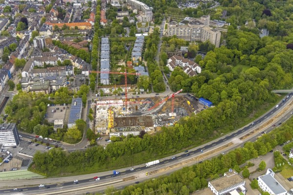 Aerial view, construction site multi-family houses Manfredstraße at the motorway A52,