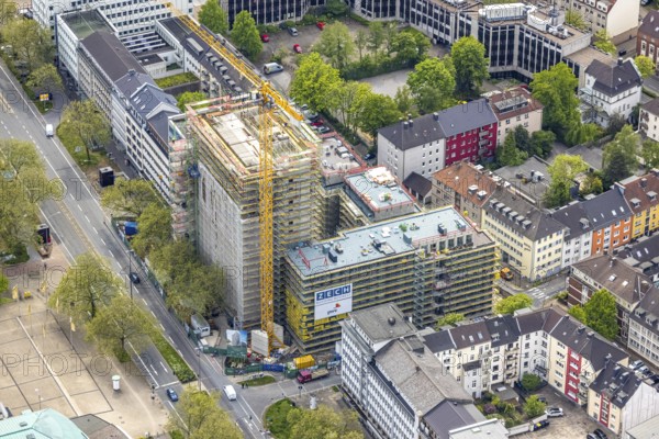 Aerial view, construction site, new building complex with residential tower and senior citizens'