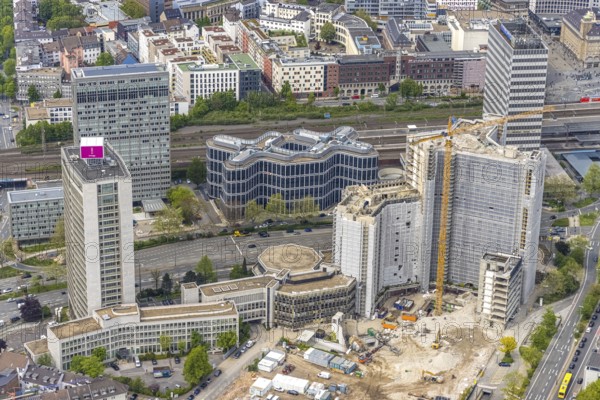 Aerial view, demolition of the Ypsilon-Haus of the RWE headquarters Essen in Huyssenallee, planned