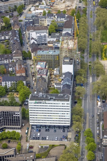 Aerial view, construction site, new building complex with residential tower and senior citizens'