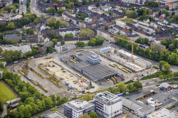 Aerial view, construction site of new hall at Ruhrbahn GmbH depot, Ostviertel, Essen, Ruhr area,