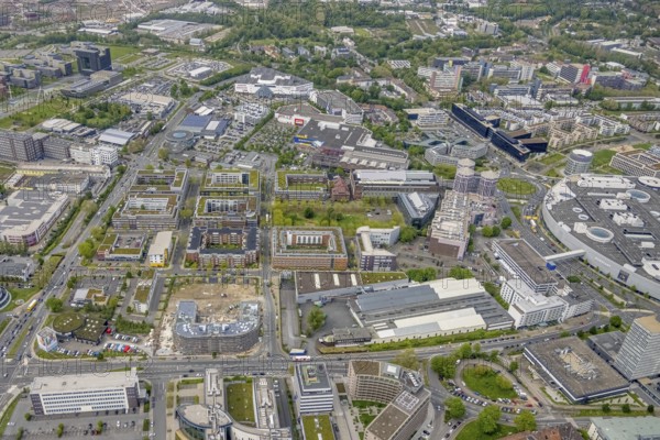 Aerial view, construction site and new office building on the corner of Frohnhauser Straße and
