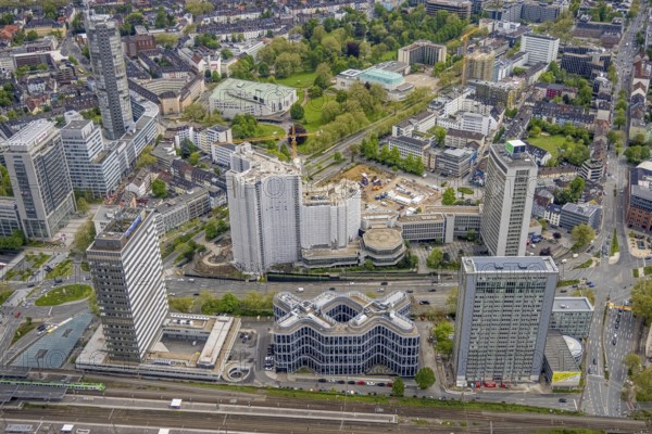 Aerial view, demolition of Ypsilon-Haus of RWE headquarters Essen in Huyssenallee, planned new