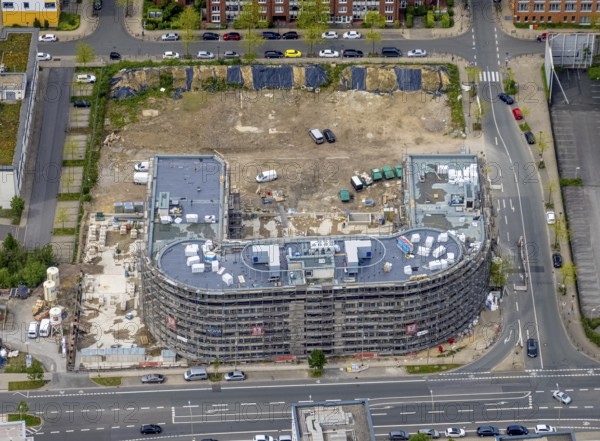 Aerial view, construction site and new office building on the corner of Frohnhauser Straße and