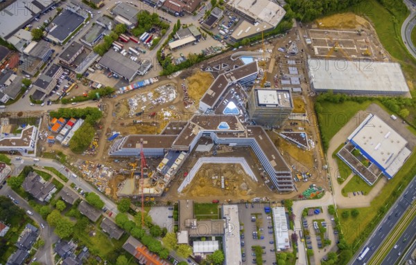 Aerial view, new construction and construction site ALDI-Nord Campus, in A-form, Eckenbergstraße,