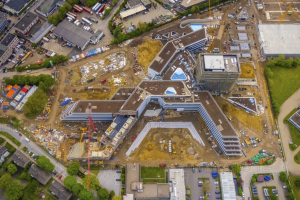 Aerial view, new construction and construction site ALDI-Nord Campus, in A-form, Eckenbergstraße,