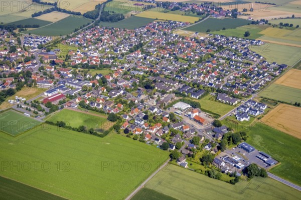 Aerial view, meadows and fields with local view Bremen, Ense, Sauerland, North Rhine-Westphalia,