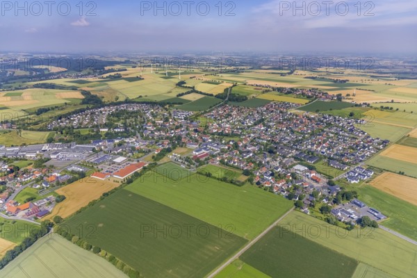 Aerial view, meadows and fields with local view Bremen, Ense, Sauerland, North Rhine-Westphalia,
