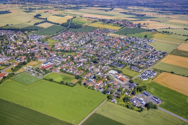 Aerial view, meadows and fields with local view Bremen, Ense, Sauerland, North Rhine-Westphalia,