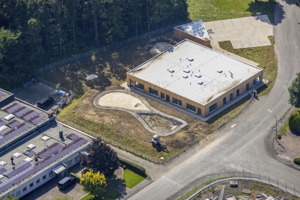 Aerial view, industrial park Höingen, construction site for new kindergarten, Höingen, Ense,